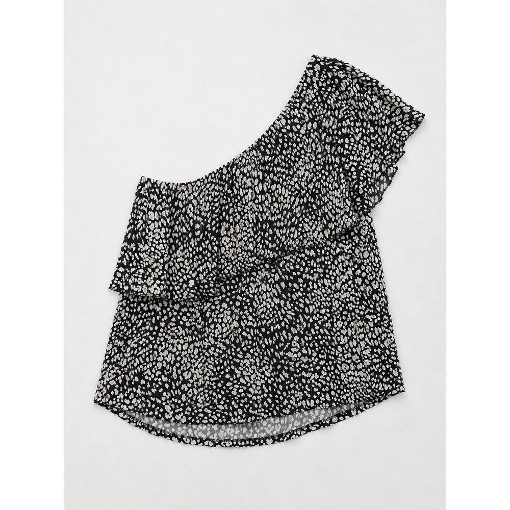 Chaps NWT Plus Size 3X One-Shoulder Ruffle Top Hazy Night Black White